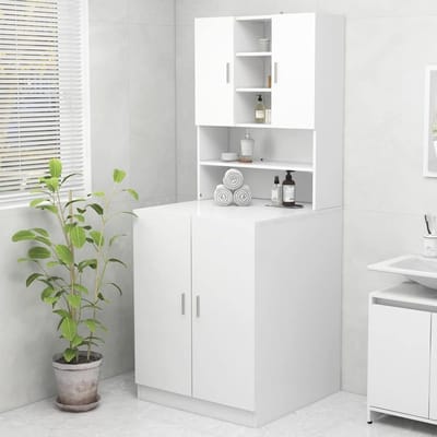 Wasmachinekast - Badkamerkast Organizer - Opbergen - Houten Constructie - 705 x 255 x 90 cm - Wit