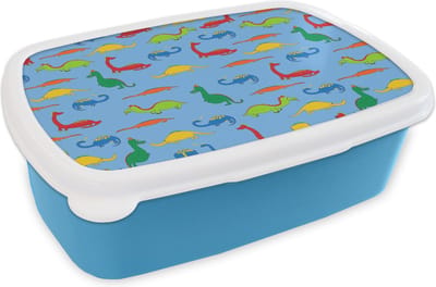 Broodtrommel Blauw - Lunchbox - Brooddoos - Draak - Dinosaurus - Patronen - Kinderen - Baby - Jongens - Meisjes - Kids - 18x12x6 cm - Kinderen - Jongen