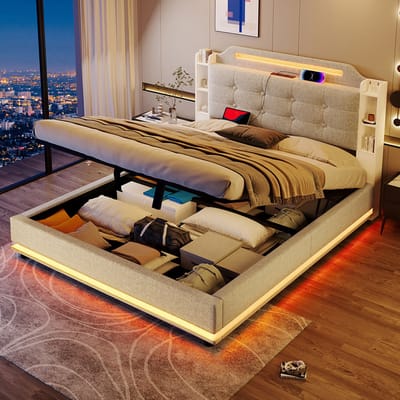 Pugsdrly Opgeklapt bed, 140*200 cm, met ledstrip, hydraulische opbergruimte, meerdere opbergvakken, zonder matras, USB + TYPE-C, linnen, beige