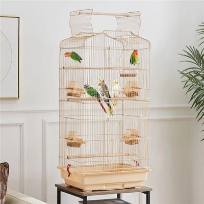 Papa simba Vogelkooi ,volière ,vogelkooi met draagbaar handvat met 4 voerbakken ,3 zitstokken, 46 x 35 x 92 cm , amandel , HMTM-BC-10001-Almond