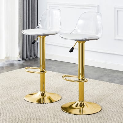 Wishdor Set Van 2 Barkrukken - Verstelbare Hoogte, 360 Graden Draaibare Zitting En Transparante Rugleuning - Minimalistisch Ontwerp Voor Bar Of Keukeneiland - Metaal En Kunststof - Goud En Transparant - 82-104 Cm
