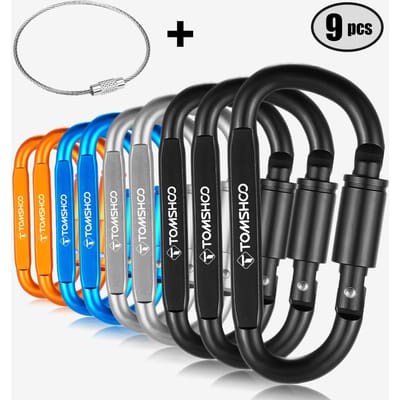 TOMSHOO – lot de 9 mousquetons de verrouillage en alliage d'aluminium, ensemble de clips, crochet de suspension, boucle, porte-clés avec anneau en fil d'acier multicolore