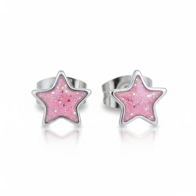 Aramat Jewels | Oorbellen | Stalen Emaille oorbellen ster met glitters | Zilverkleur / Rood | |6mm | Staal | Kinderen, Volwassenen | Verkleurd niet