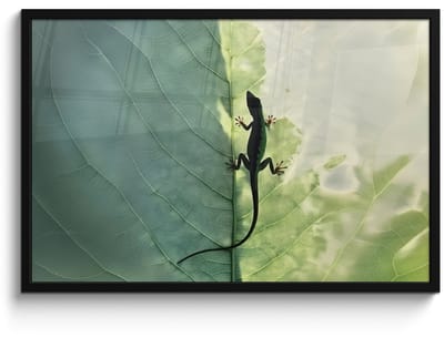 Poster in lijst - Fotolijst 90x60 cm - Posters - Hagedis - Blad - Nerven - Groen - Posterlijst zwart - Decoratie - Wanddecoratie woonkamer - Muurdecoratie slaapkamer