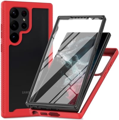 Hoesje met Ingebouwde Screenprotector Geschikt voor Samsung Galaxy S23 Ultra | Full Protect valbescherming | Schokbestendige Beschermhoes tegen Vallen | Shockproof | Doorzichtig / Rood