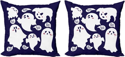 ABAKUHAUS Decoratieve kussenhoes met spookmotief, 2 stuks, griezelige spookfiguren (Boe!), 45x45 cm, gedroogde roos indigo