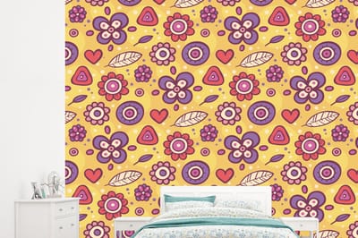 Behang - Fotobehang Patroon - Bloemen - Paars - Oranje - Breedte 245 cm x hoogte 220 cm