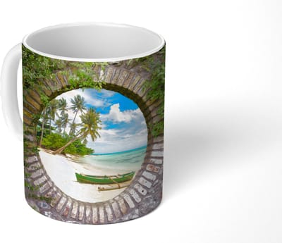 Mok - Koffiemok - Strand - Palmboom - Doorkijk - Kano - Mokken - 350 ML - Beker - Koffiemokken - Theemok