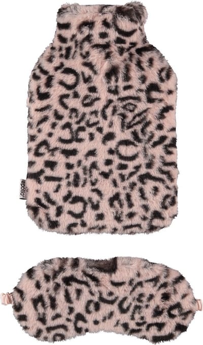 Superzachte fluffy cheetah/luipaard print warmwaterkruik en slaapmasker cadeau set roze - 30 x 20 cm