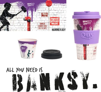 Quy Cup Banksy Edition “Hammer Boy" Pakket 2 Essentials Inbegrepen (Reismok 400ml & Espressokopje 90ml)
