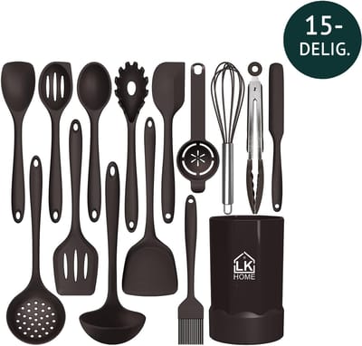 LK Home Siliconen Keukengerei Set met Houder - Kookgerei Set 15 delig - BPA & Plastic Vrij - Ophangbaar Bruin.