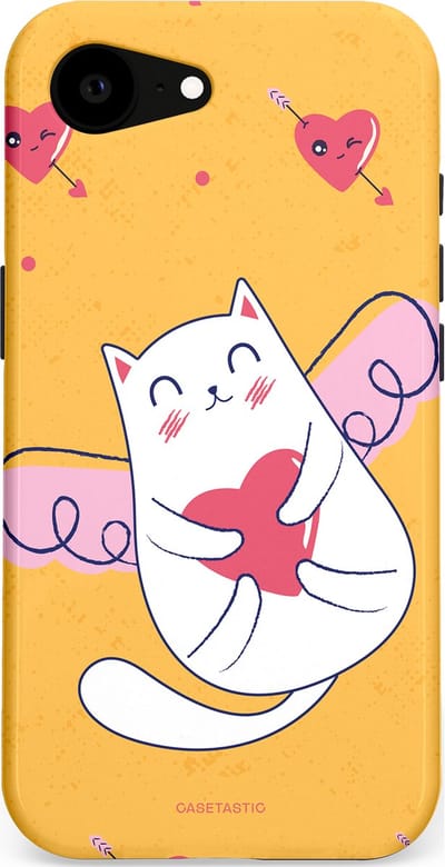 Casetastic Hoesje Geschikt voor Apple iPhone 16e Magsafe - Stijlvolle Beschermende Duo-layer Case - Kattenflirt Geel Rode Hartjes Liefde