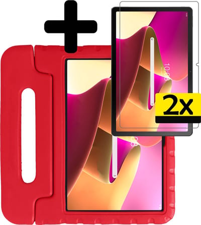 Hoes - Geschikt voor Lenovo Tab M10 Plus (3e / 3rd Generatie) - Met 2x Screenprotector - Kinderhoes Shockproof Bumper - Kidsproof Case - Tablet Hoesje - Kinder Cover - Rood