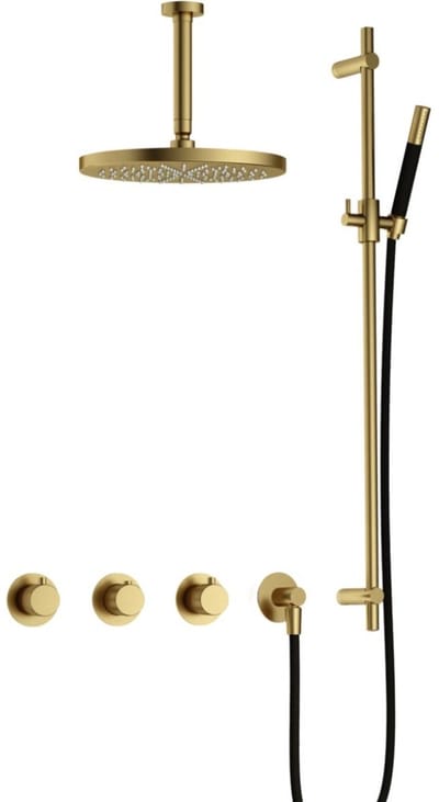 Hotbath Cobber X - CX7067 - Inbouw Regendoucheset - Geborsteld Messing PVD - 2 Stopkranen - Thermostatisch - Plafondbuis 15 cm - Hoofddouche 300 mm - Staafhanddouche - Glijstang 900 mm - met M106 - Waterbesparend