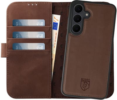 Rosso Elite Hoesje Geschikt voor Samsung Galaxy S24 FE | Compatibel met MagSafe | Book Case en Back Cover | Magnetisch Uitneembaar | Echt Leer Beschermhoes met Pasjeshouder | Bruin