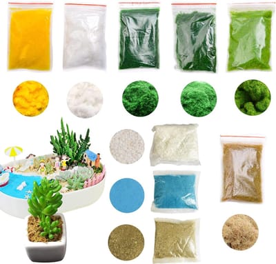 Set van 9 Miniatuur Basis Materialen voor Projecten, Modelspoor, Architectuur en Mini Tuinen - Inclusief Steen, Decoratieve Zand, Gras en Sneeuw