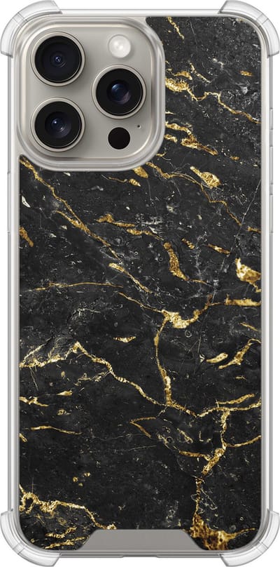 Shockproof hoesje - Geschikt voor iPhone 15 Pro Max - Marmer zwart goud - Extra sterke case - TPU/polycarbonaat - Marmer - Goud, Transparant