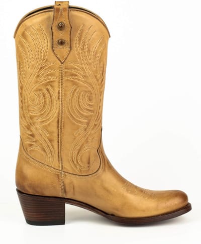 Mayura Boots 2526 Vanille Zandkleur Dames Boho Western Laarzen Blad Motief Sierstiksel Ronde Neus Schuine Hak Glad Leer Maat EU 37