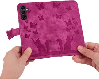 BookCover Etui Hoes geschikt voor Samsung Galaxy S24 Plus - S25 Plus Roze - Vlinders en Kat - Reliëf