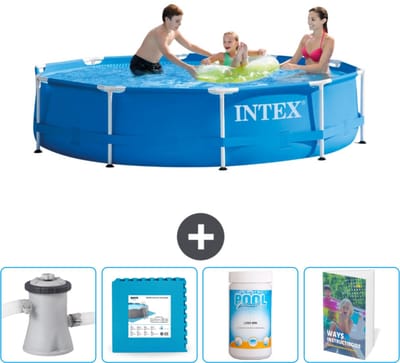 Intex Rond Frame Zwembad - 305 x 76 cm - Blauw - Inclusief Zwembadfilterpomp - Vloertegels - Chloor - Zwembadgids
