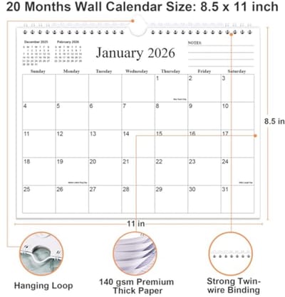 Muurkalender 2024 - Januari tot December 2024, 21,5 x 29 cm, Dikke Papieren Kalender