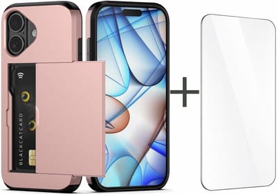 YPCd Hardcase Pasjeshouder Hoesje – Geschikt voor Apple iPhone 16 – Shockproof Backcover met Verborgen Kaartvak – Inclusief Glazen Screenprotector – Roze