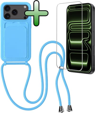 Hoes Geschikt voor iPhone 17 Pro / 18 Pro Hoesje Pas Houder Case Hoes Met Koord Met Screenprotector - Hoesje Geschikt voor iPhone 17 Pro / 18 Pro Hoes Met Telefoonkoord Pasjeshouder Cover - Lichtblauw