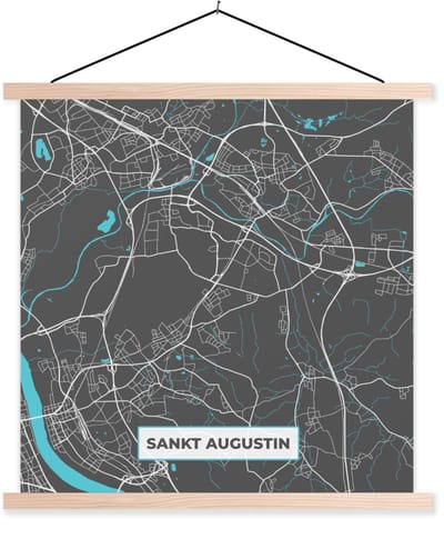 Posterhanger incl. Poster 120x120 cm - Schoolplaat - Stadskaart – Plattegrond – Duitsland – Blauw – Sankt Augustin – Kaart - Textielposter - Blanke latten - Stadskaart