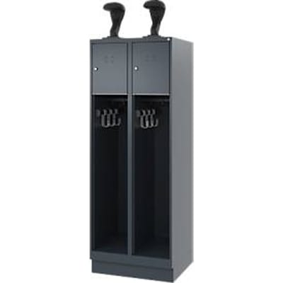 Brandweerkluis C+P Evolo Youngster, 2 vakken, met helmhouder, met sokkel, B 600 x D 500 x H 1630 mm, RAL 7016 antracietgrijs
