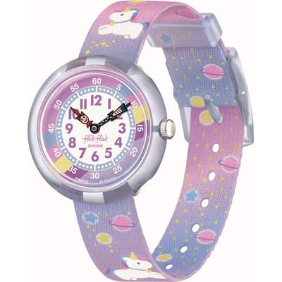 Swatch Flik Flak Quartz Horloge 35mm Paarse Wijzerplaat Biologisch Kunststof Kast Stofband Unisex horloges ZFBNP213 Purple white