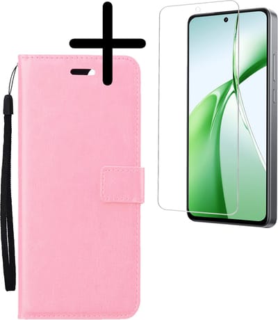 Hoesje Met Screenprotector - Geschikt voor OnePlus Nord CE4 - Luxe Pasjeshouder - Bookcase Portemonee - Flip Case - Kunstleer Book Case - Flipcase - Book Cover - Walletcase - Portemonneehoes - Lichtroze