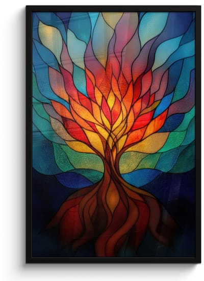 Poster in lijst - Fotolijst 60x90 cm - Posters - Sierglas - Boom - Rood - Vlakken - Posterlijst zwart - Decoratie - Wanddecoratie woonkamer - Muurdecoratie slaapkamer