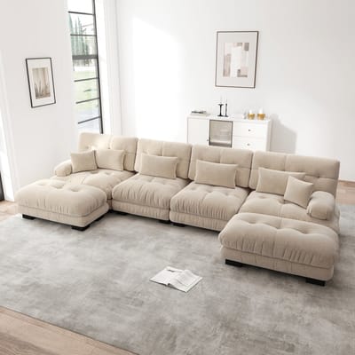 MODFU Modulaire Hoekbank - Verplaatsbare Ottoman - Vintage Design - Voor Woonkamer - Chenille - Lichtbruin