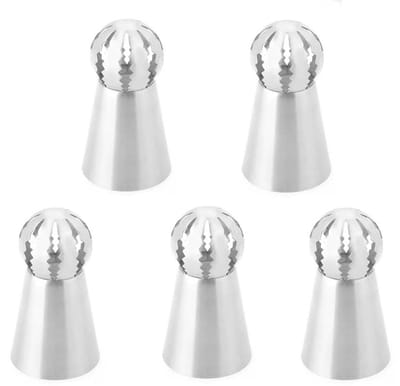 5-stuks Spuitmondjes - Decoratietips - Bakgereedschap - Russische Ballvorm - Voor Icing - RVS - 5.7×3.1 cm - Geschikt voor taarten, cupcakes, koekjes, room, glazuur, bakken, decoreren en dagelijks gebruik - Zilver