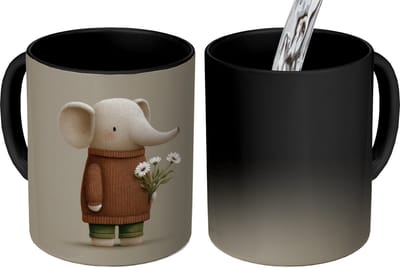 Magische Mok - Foto op Warmte Mokken - Koffiemok - Olifant - Witte bloemen - Kindvriendelijk - Magic Mok - Beker - 350 ML - Theemok