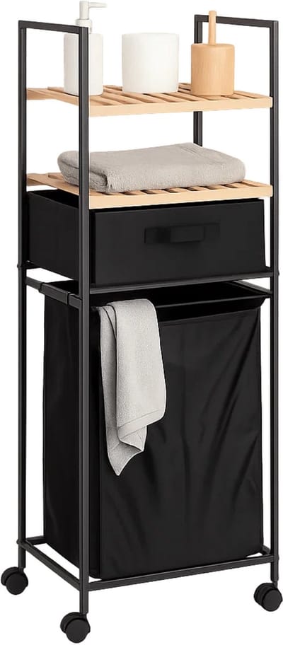 Lomera Badkamerrek Met Wasmand - Bamboe Badkamerrek - Verrijdbaar Badkamerrek - Badkamerrek Met Planken - Badkamerrek Met Mand - Badkamerrek Met Polyester Mand - Badkamerrek Met Opbergruimte - Badkamerrek Voor Handdoeken