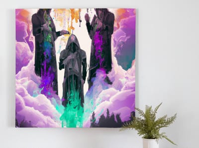 The holy trinity of the cybersphere three priests amidst the clouds | The Holy Trinity of the Cybersphere: Three Priests Amidst the Clouds | Kunst - 30x30 centimeter op Canvas | Foto op Canvas