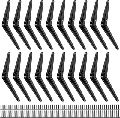 Set van 20 plankdragers voor wandplanken - 150 x 200 mm - Zware beugels - Zwart - Metaal - 90° hoek met schroeven