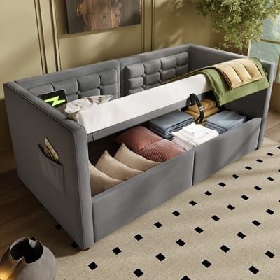 DESMIU Gestoffeerd Bed 90x200cm – Hydraulisch Slaapbank Met Oplaadstation En Opbergruimte – Gastenbed Voor Slaapkamer – Fluweel – Grijs – Zonder Matras