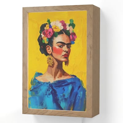 Wandlamp 20x30 cm - Oplaadbaar - Frida Kahlo - Vrouw - Geel - Blauw - Bloemen - Wandlampen binnen woonkamer - Slaapkamer lamp met kabel - Decoratieve nachtlamp - Vloerlamp snoer