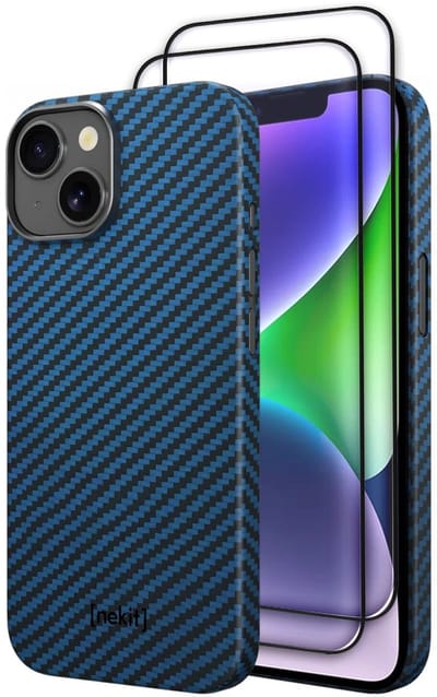 NEKIT Fiber Hoesje met 2-Pack Screenprotector Geschikt voor Apple iPhone 14 | Compatibel met MagSafe & Qi2 | Kevlar Back Cover | GRS Gerecycled Glas | 9H+ Gehard | met Installatiebox | Blauw