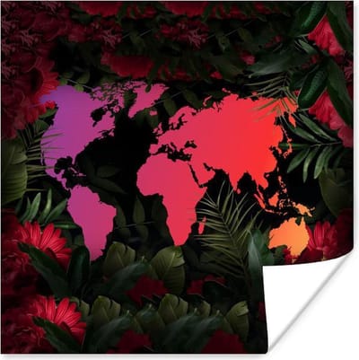 Poster 30x30 cm - Wereldkaart - Kleuren - Bloemen - Posters - Kamer decoratie - Wanddecoratie woonkamer - Muurdecoratie slaapkamer