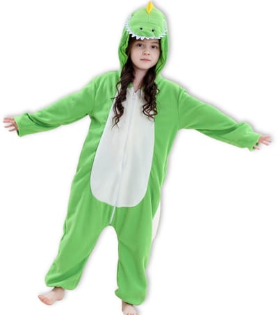 BoefieBoef Dieren Onesie Dinosaurus voor Kinderen 5-8 Jaar – Pyjama Dieren Verkleedpak – Warme Flanel Jumpsuit met Capuchon – Knuffelpak & Huispak – Zwemles – Carnaval, Halloween & Sinterklaas Cadeau – Jongens & Meisjes - Licht Groen