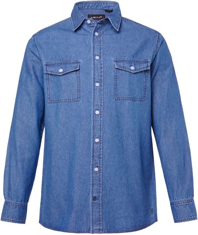 Men Plus - Heren - Denim overhemd lange mouwen kentkraag Comfort Fit - Blauw denim - Maat L