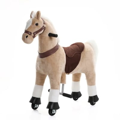 VROOOMY Mechanisch Speelgoedpaard 4 tot 6 jaar – Rijpaard met Realistische Galoppeerbeweging & Zachte Vacht – Speelgoed Paard met Stuurfunctie & Inline Skate Wielen – Beige