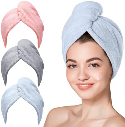 Microvezel Haardoek - 3-Pack - Droogt Snel - Tegen Krullen - Voor Vrouwen - Blauw, Grijs, Roze - Inclusief Tulbanden