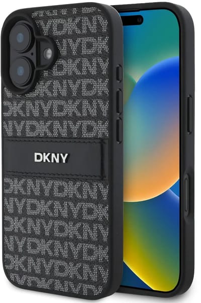 DKNY - Backcover iPhone 16 - PU Leather Repeat Pattern Tonal Stripe - Zwart