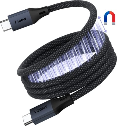 Voomy Magnetische USB C Kabel - 100W - 1 Meter - Rolt vanzelf op - USB-C naar USB-C oplaadkabel - Geschikt voor Telefoon, Tablet & Laptop - Space Grey