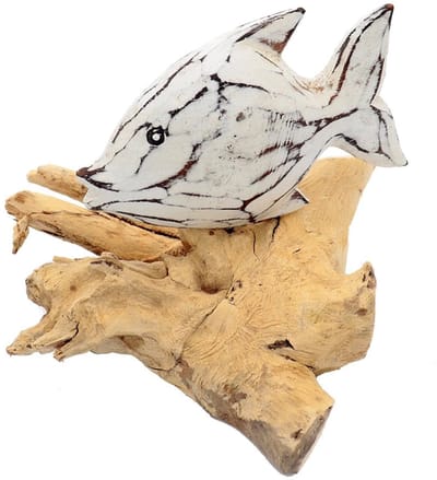Houten figuur witte vis op voet van drijfhout ca 20x20x10cm