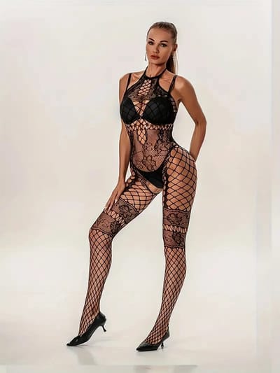 LekkerStout Zwarte Visnet Bodystocking - Met Open Kruis en Halterkraag - One Size XS-M | LS349